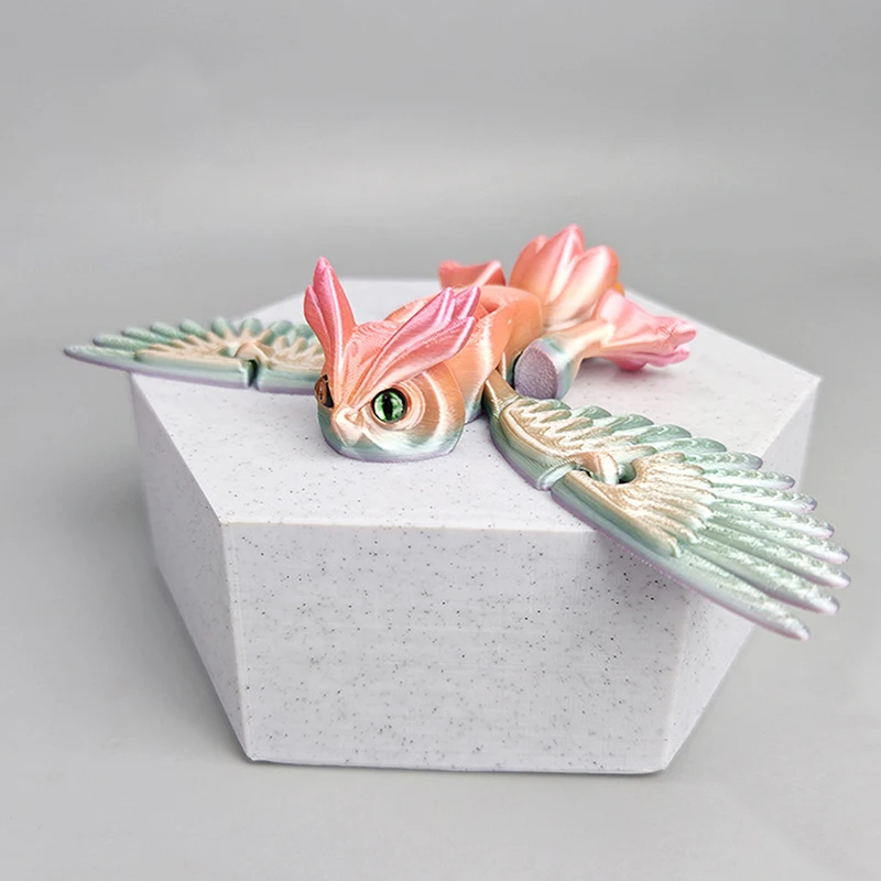 3Dプリントのフクロウボタン、羽を振る、手作り、子供のおもちゃ、卓上装飾、関節可動、漫画風シミュレーション動物フィギュア