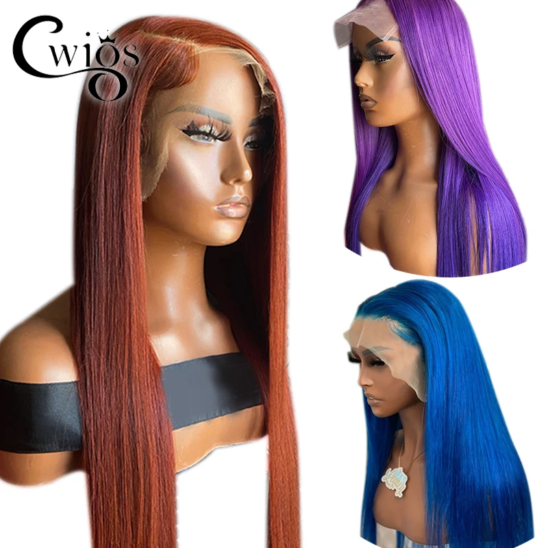 Straight Synthetic Brown Blue Purple Ginger Color Transparent 13X4 Lace Front Wigs For Black Women Preplucked Drag Queen Party