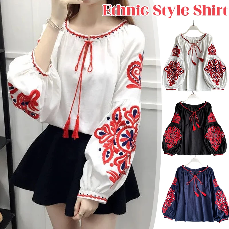 

Women Ethic Style Pullover Shirts Retro Literature Loose Embroidery Shirts Patchwork V-neck Lantern Sleeve Spring Summer Blouses