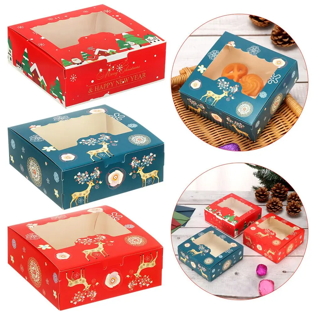 1/10pcs Christmas Cardboard Cake Boxes Christmas Gift Box 4 Cup Cupcake Cake Packaging Box Chocolate Candy Gift Wrapping Box