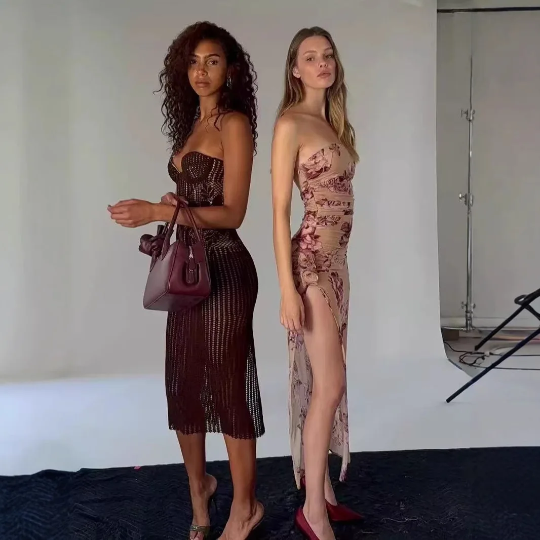 Retro Floral Strapless Sexy Mesh Bodycon Pleated Maxi Dress for Women 2025 Summer New Flower High Slit Party Dresses Prom Gowns