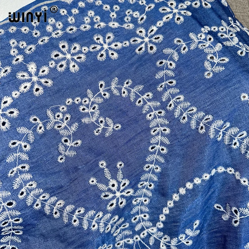 WINYI bestickte Denim-Hohlstrickjacke für Damen, Mantel, langes Kleid, elegante Party, Boho, Maxi, Strand, Urlaub, Schwimmen, Vertuschung, Kimono