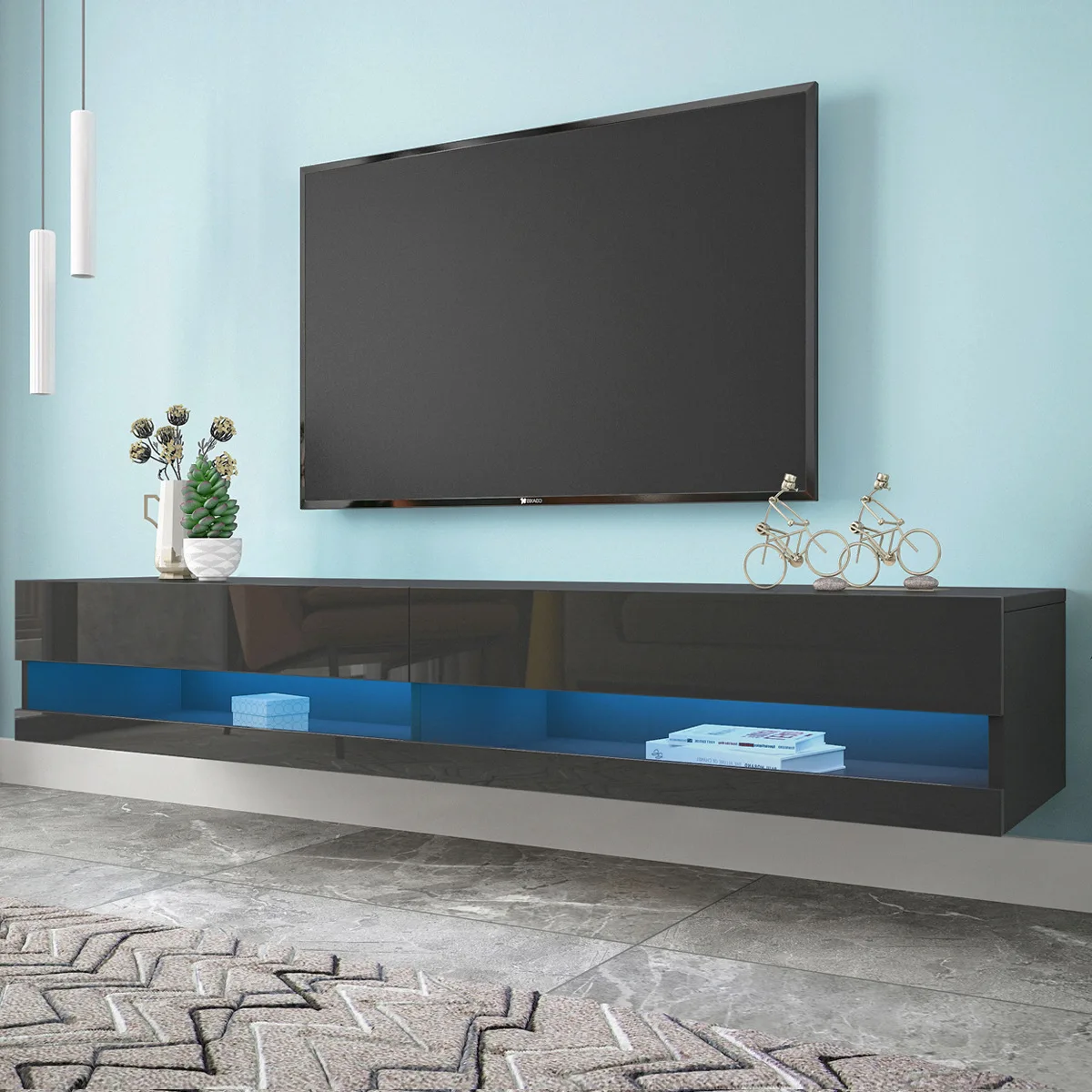 LED lights with a high-end feel, modern and fashionable living room, suspended TV cabinet