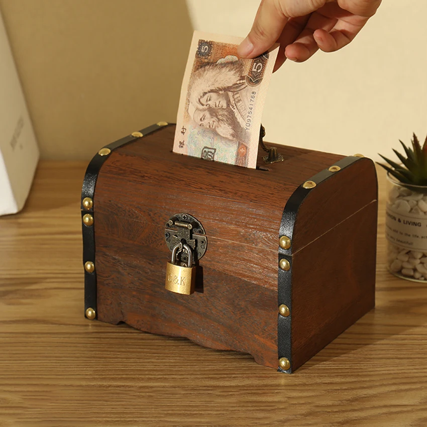 1PC Wooden Piggy Bank Safe Money Box Savings Wood Carving Handmade Vintage Retro Child Cash Coin storage box High Quality Gifts