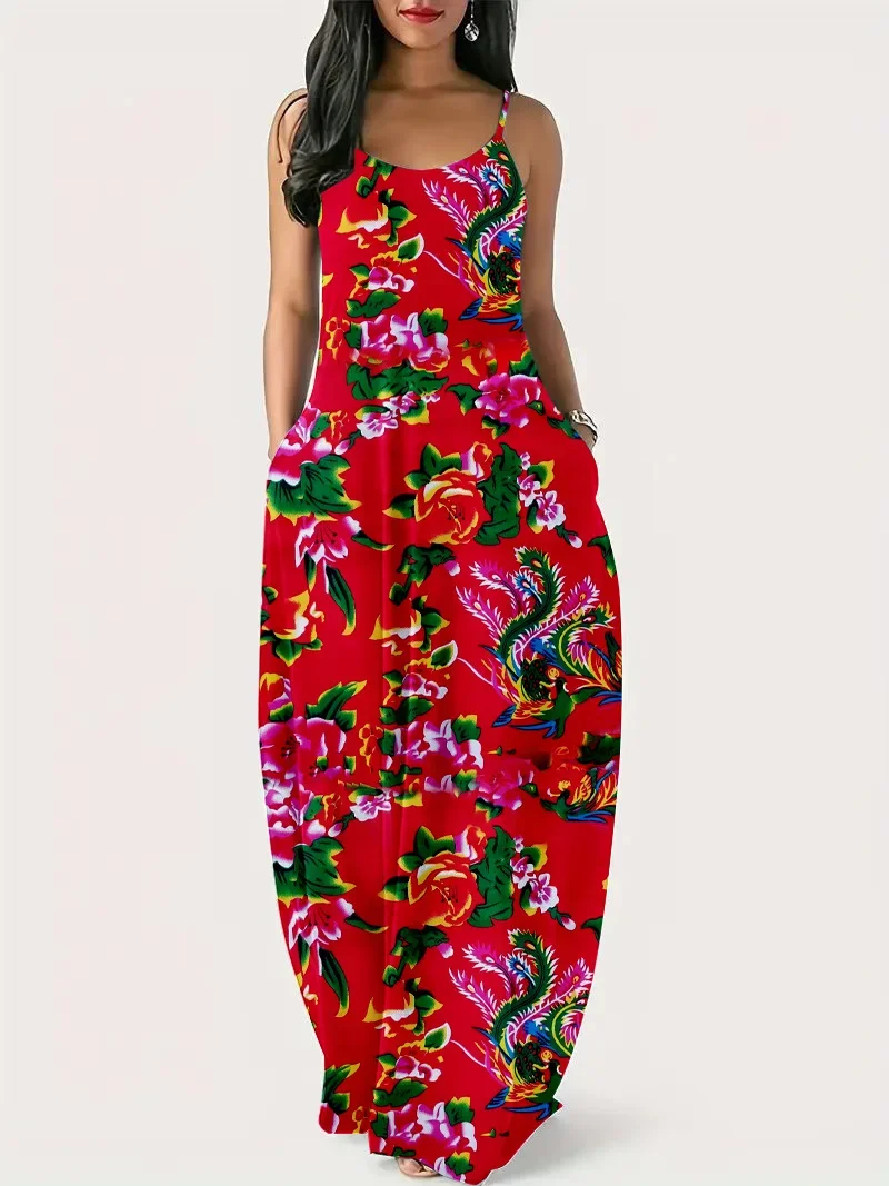 Europe and United States 2025 Summer New Women's Long Dress Cross-border Printing Pockets Loose Casual Halter One-piece Dresses