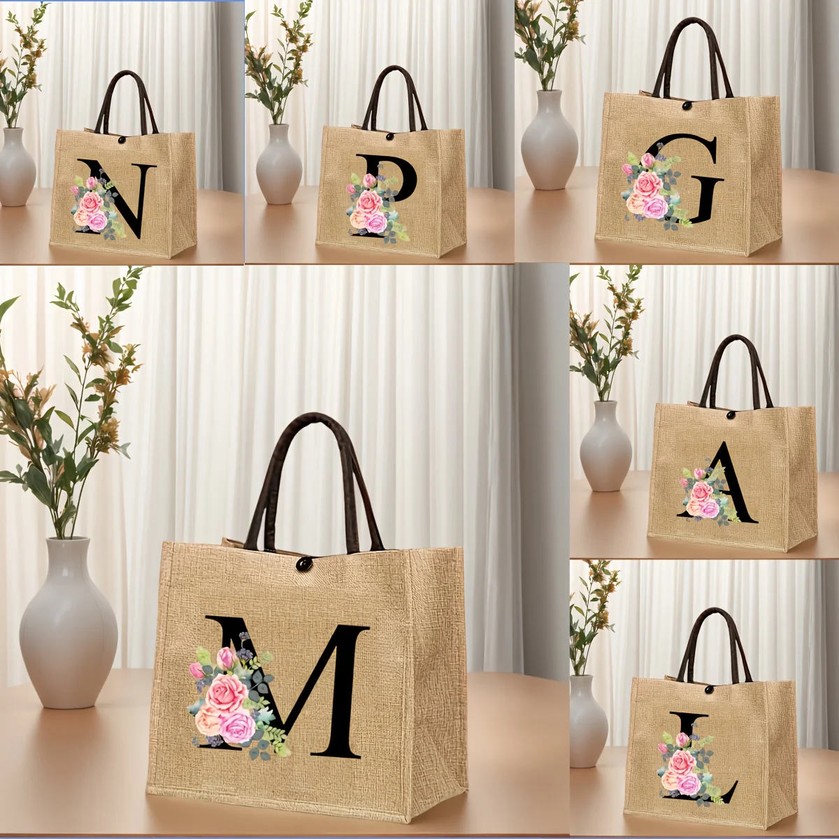 

A-Z Letter Trendy Linen Handbag Large Capacity Shoulder Bag for Daily Commuting and Shopping Tote Bags Summer Beach Vacations