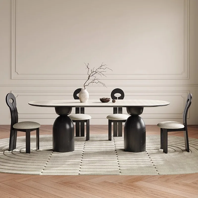 Nordic solid wood dining table, oval for small home use, French cream style, modern minimalist light luxury matte stone dining t