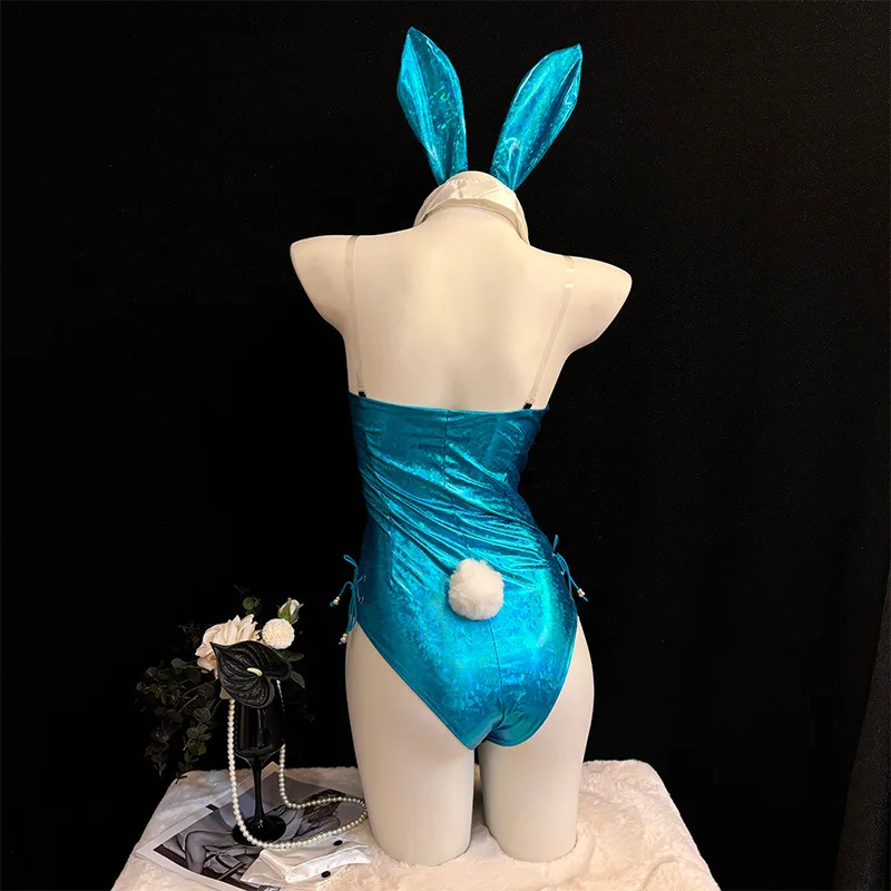 Anime Lovely Bunny Girl Cosplay Costume Sexy Laser Leather Bunny Girl Clothes Rabbit Bodysuit Suits Halloween Christmas Clothing