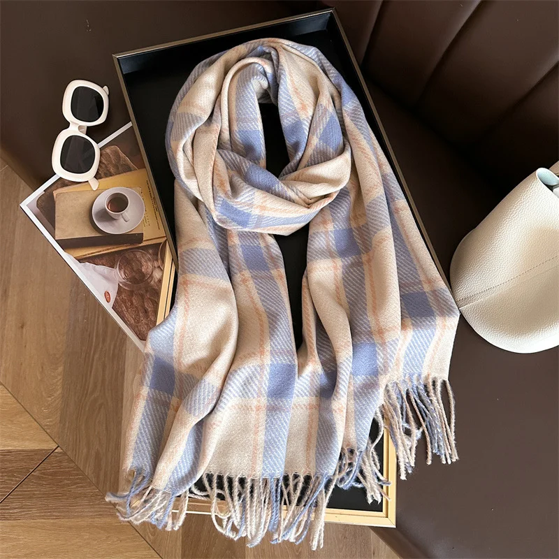 New2024 Cashmere Plaid Scarf Fashion Soft Solid Winter Thicken Big Shawl Women  Wrap Bandana Pashmina Tassel Blanket Neckerchief