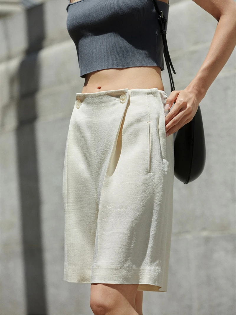 

Брюки FANNIU из шелка и льна, весна-лето, повседневные, с высокой талией, длиной до колена, с декоративными плиссированными пуговицами, однотонные