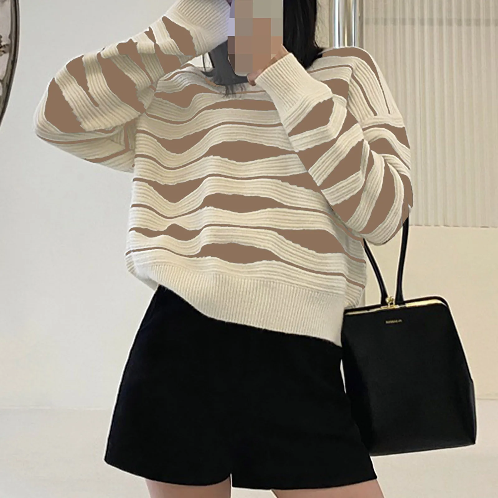 Ladies Sweaters Purple Pullovers Knitted Top for Women Round O Neck Striped Designer 2024 New Collection Korean Trend Pullover