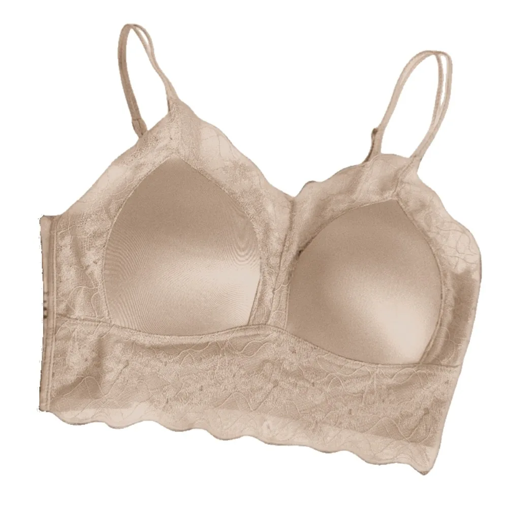 

Fashion French Style Satin Silk Bra Vest Lace Mesh Push Up Wireless Deep V Bras Thin Underwear Women Brassiere Women