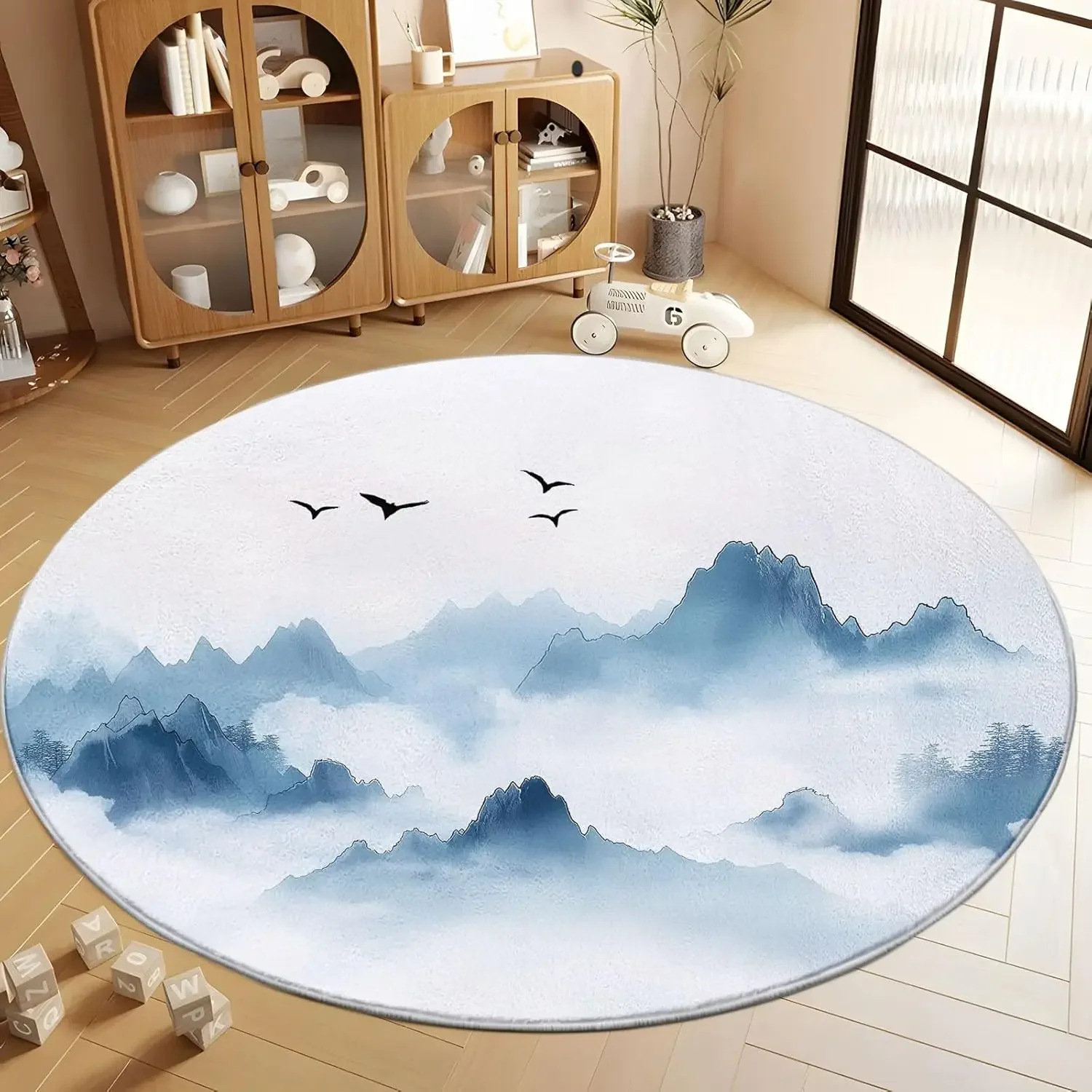 

Круглый ковер с принтом, нескользящий моющийся напольный коврик с низким ворсом и традиционным дизайном тушью для домашнего декора