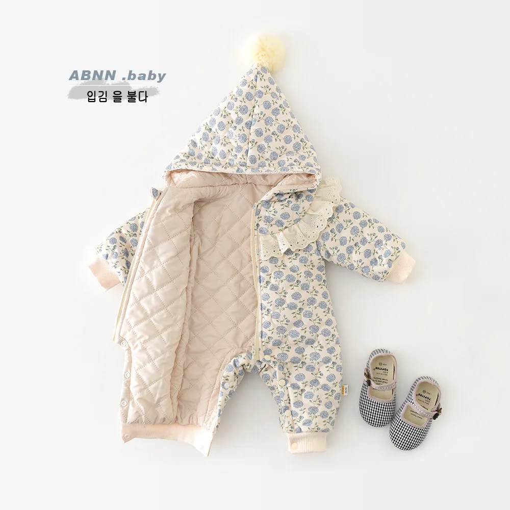 2025 شتاء جديد طفل طويل الأكمام مقنعين رومبير زائد المخملية سميكة الرضع فتاة القطن وسادة مبطنة طفل الصوف بذلة دافئة
