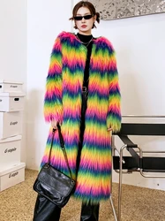 Original Design Rainbow Faux Fur Coat Female Over the Knee Long Jacket Lady Shaggy Outerwear Women's Winter Coats Promotion