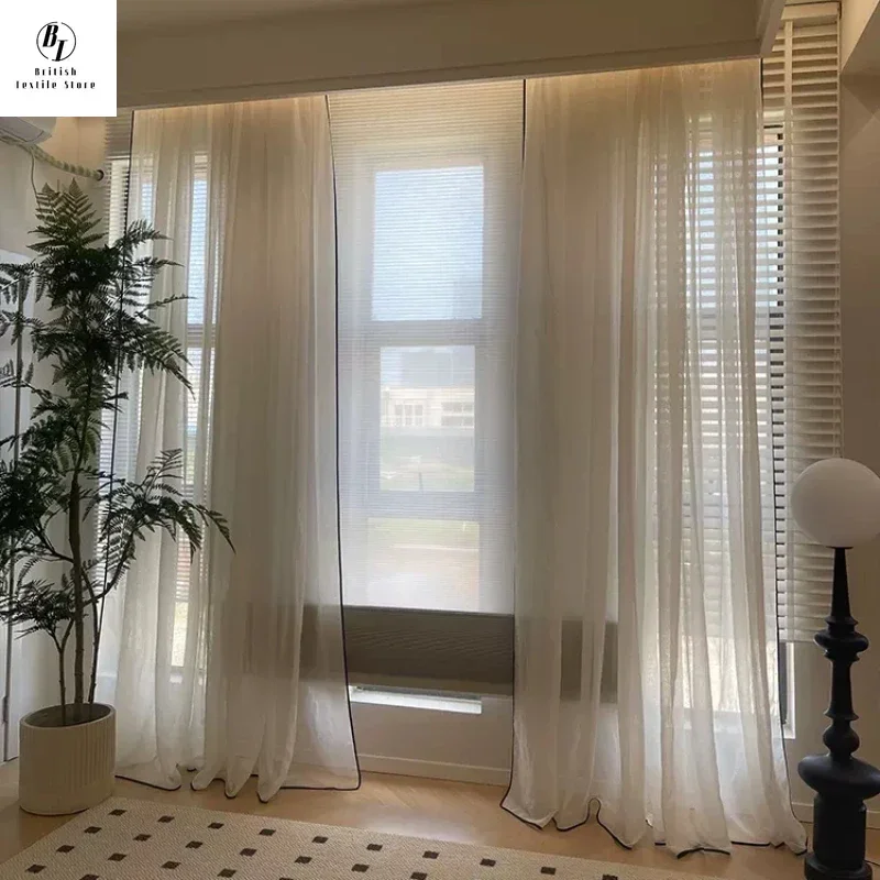 Retro Cream Linen White Tulle Sheer Curtains for Living Room Luxury Bedroom Dining Balcony Black Edge Blackout Gauze Window Door