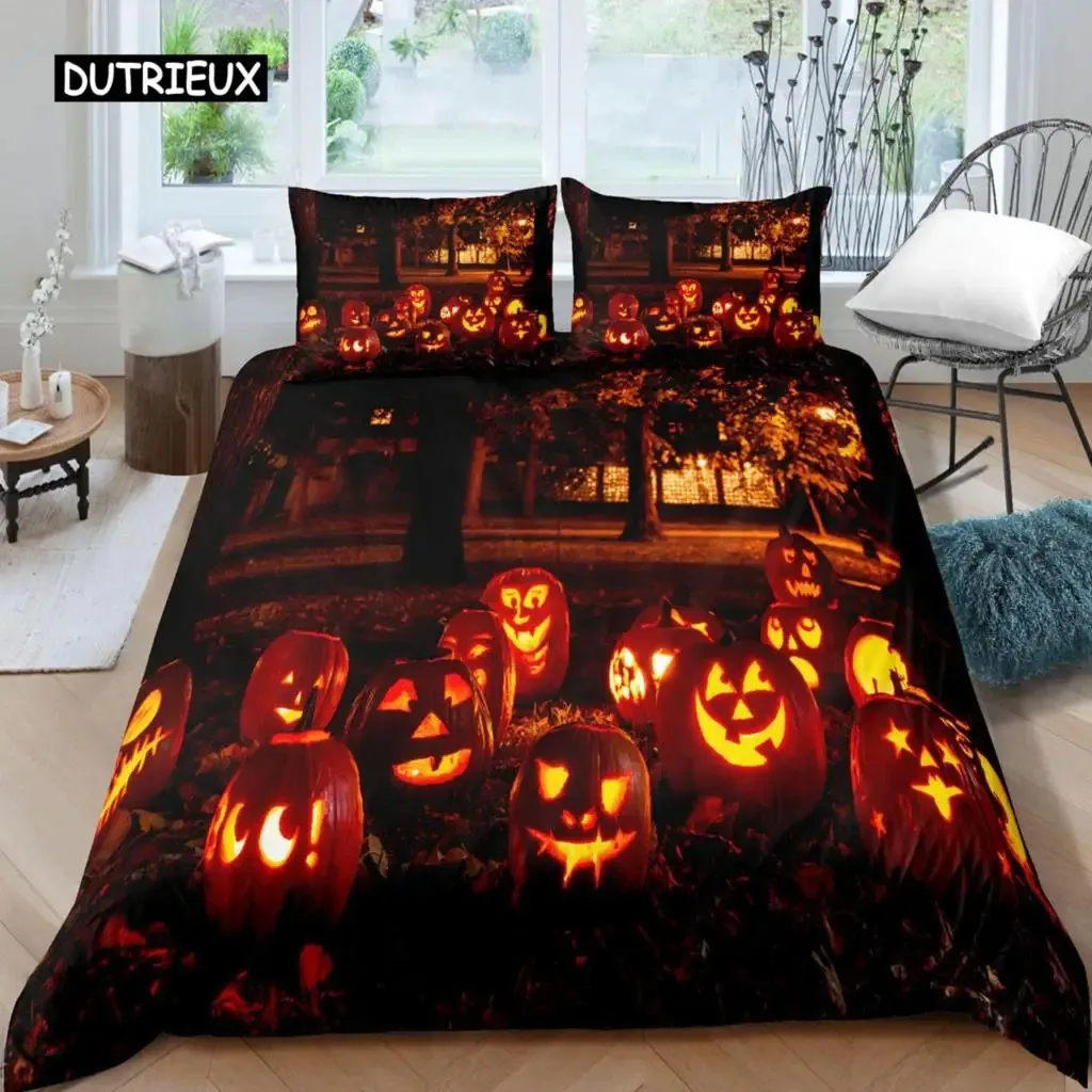 Halloween Duvet Cover Set Halloween Pumpkin Ghost Festival Themed Bedding Set for Kid Boy Teen Microfiber Queen Size Quilt Cover
