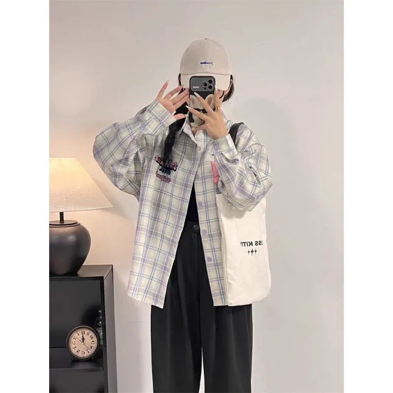 QWEEK Korean Style Plaid Shirt Sweet Letter Print Youth Loose Women's Blouse Cute Embroidery Preppy Long Sleeve Clothes Autumn