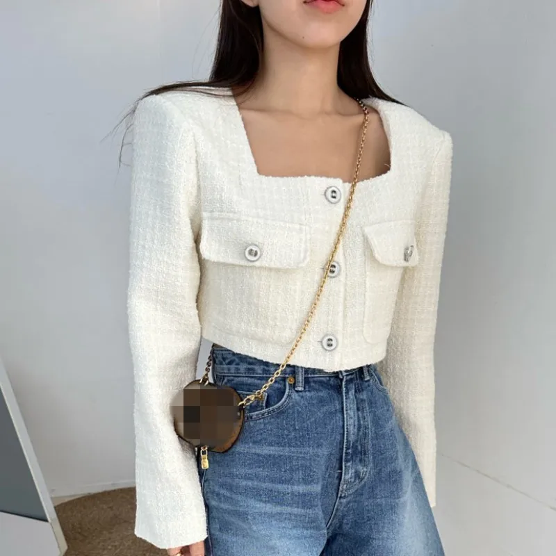 Korean Women Fashion Short Tweed Jacket Women 2024 Autumn Elegant Square Collar Female Single-Breasted Slim Outerwear