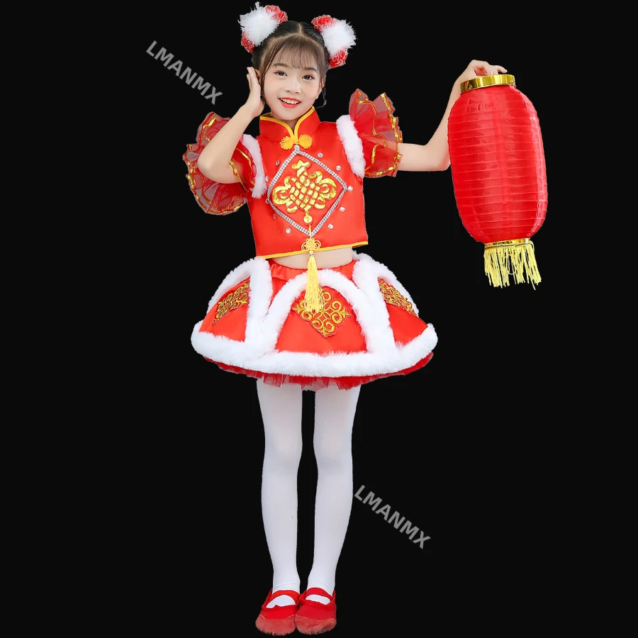 Children's Joyful Chinese Red Performance Dress Opening Red Lantern Dream Child Drumming Performance Dress