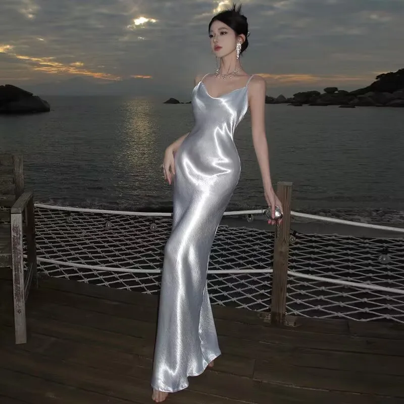 Mùa Hè Mới Không Tay Cao Eo Trắng Elegantwomen Của Váy Dây Đeo Spaghetti Sexy Midi Dress Phụ Nữ Văn Phòng Bên Người Nổi Tiếng Quần Áo