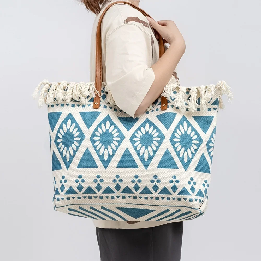 

Boho Canvas Shoulder Bags Women Fashion Vintage Tribal Ibiza Style Tassels Handbags Female Casual Large Capacity Tote Bag