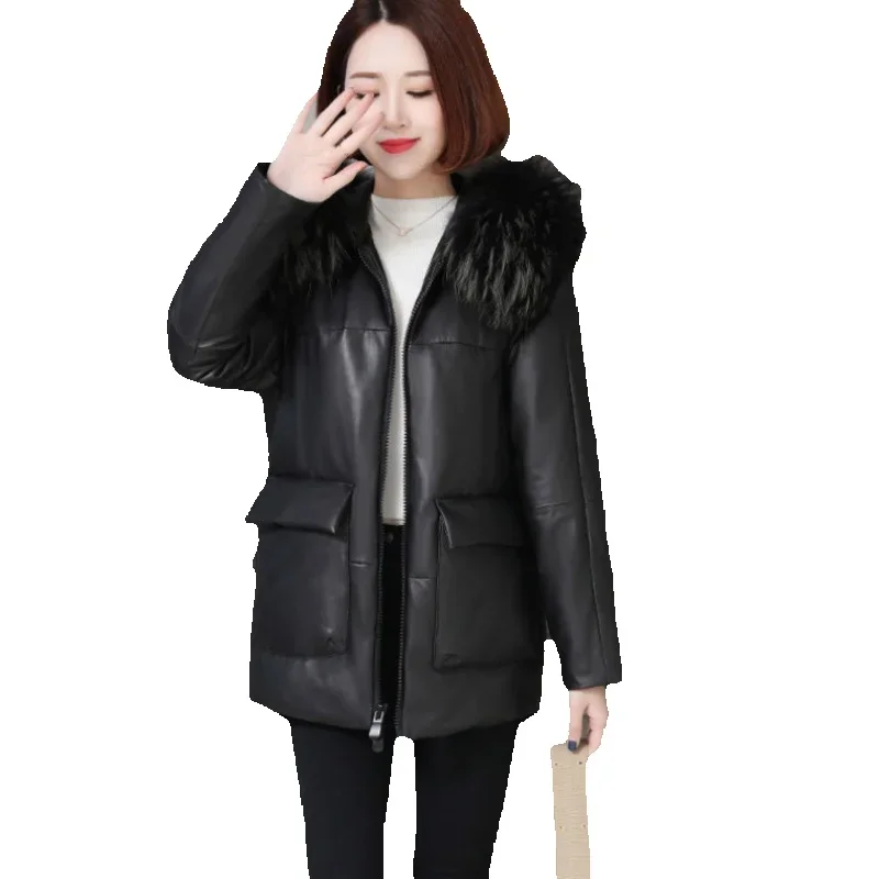 Leather Jacket For Women's New Genuine Leather Down Long Style Raccoon Fur Fashionable Temperament Jacket Loose Fitting