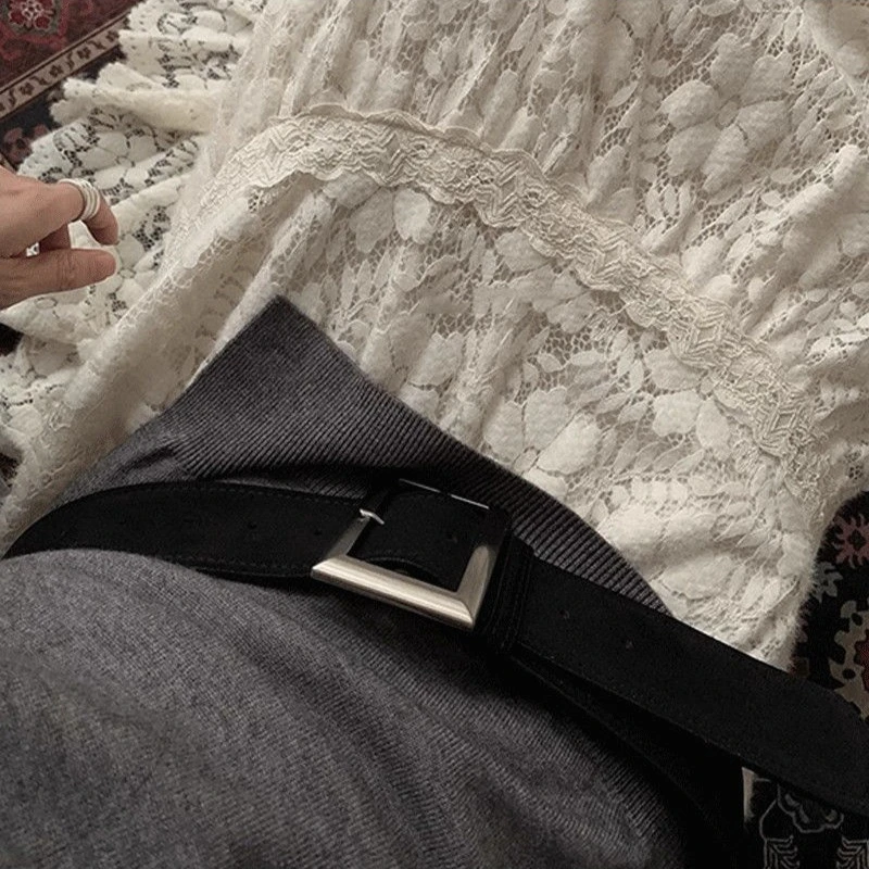 Solid wide PU leather belt with square metal pin buckle, black & khaki available, waist decor for tops and dresses belt