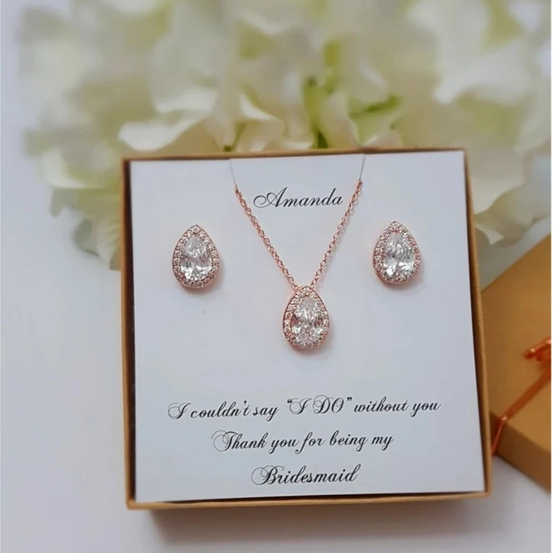 Personalized Bridesmaid Jewelry Set, Cubic Zirconia Pendant Earrings Set, Bridesmaids Gifts, Box Ideas, Proposal