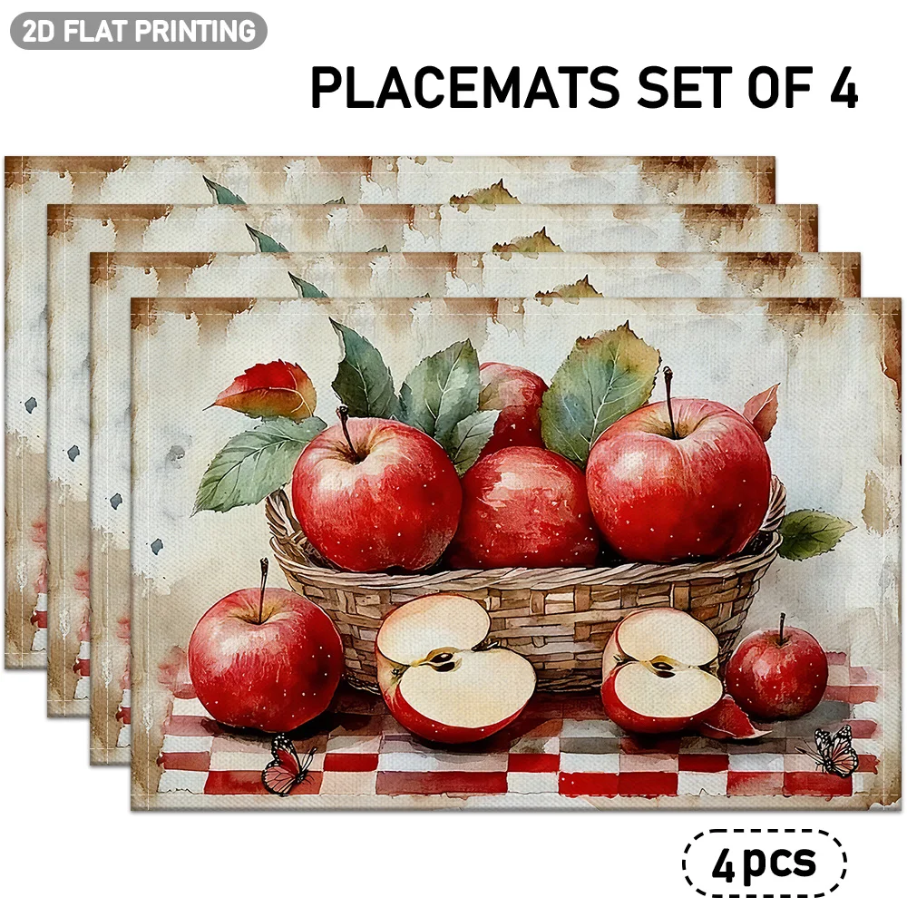 4pcs Placemat Set, Red‑Apple Wicker Red‑Checkered Print, 2D Mats for Home Kitchen Restaurant Daily Dining Table Decor