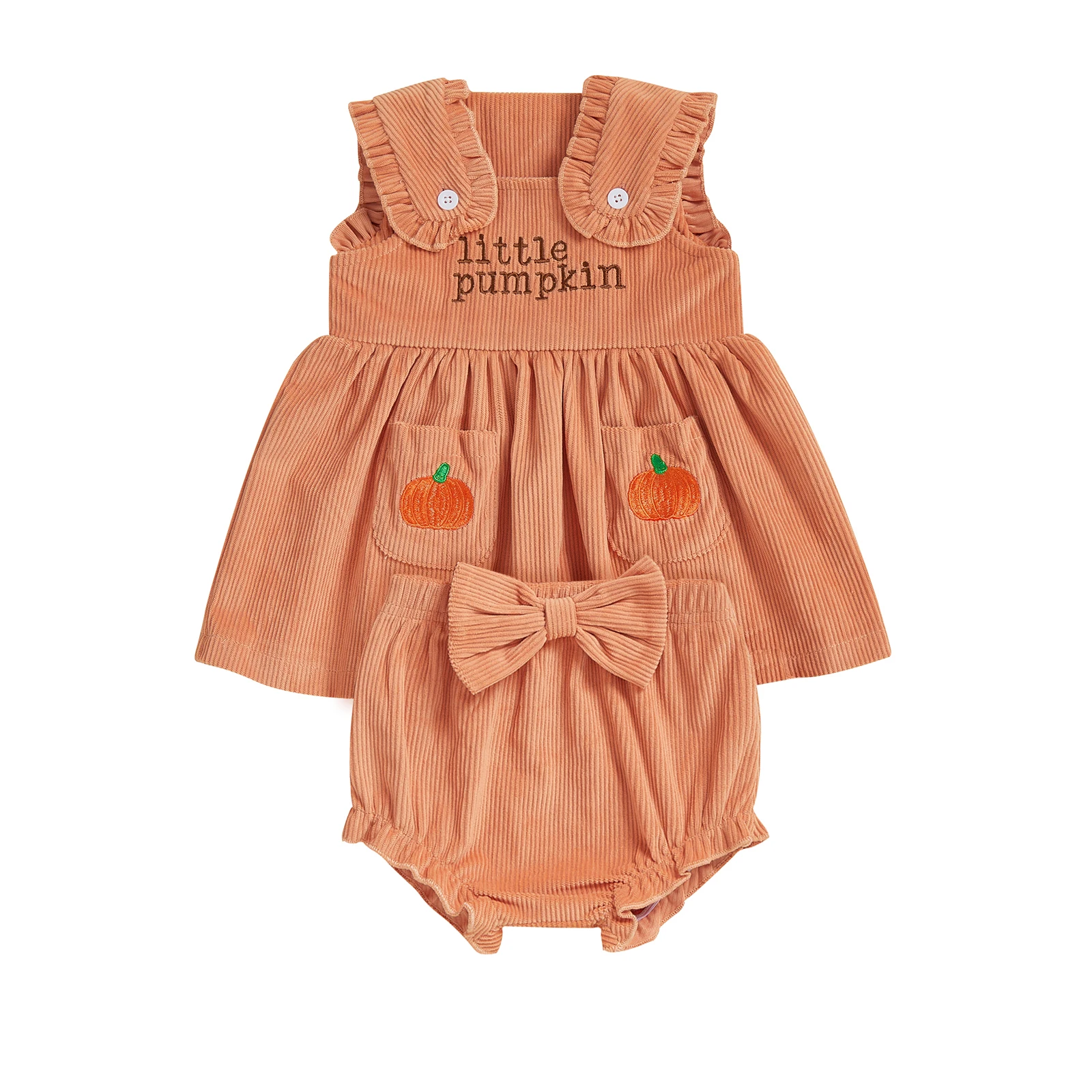 

Toddler Baby Girl Halloween Outfit Pumpkin Letter Sleeveless Babydoll Tops Bow Elastic Waist Ruffle Shorts 2 Piece Set