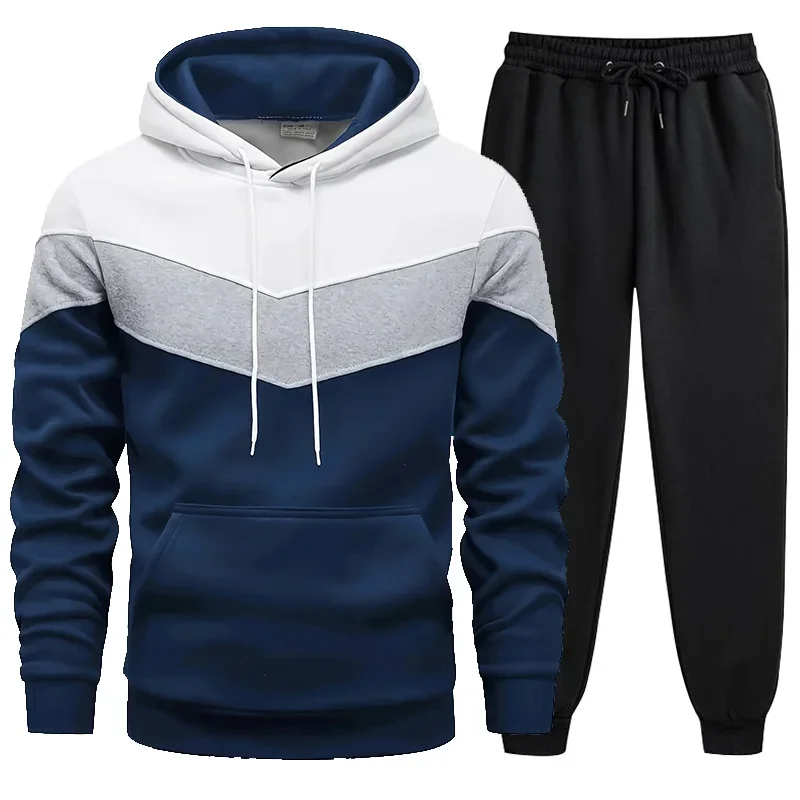 2024 Autumn Winter Mens Tracksuit Casual Tricolor Hooded Sweatshirt+Pants 2 Piece Set Sports Jogging Outfits Daily Warm Clothing