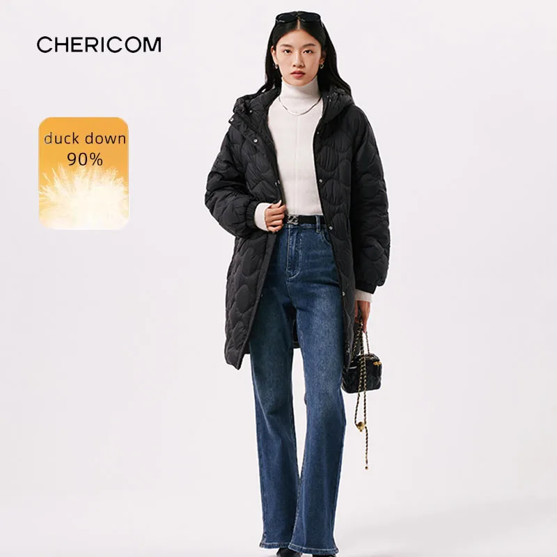 Chericom, chaqueta de invierno con capucha para mujer, ligera, de longitud media, puños a prueba de viento, abrigos informales cálidos con cremallera para oficina para mujer Y299063Y