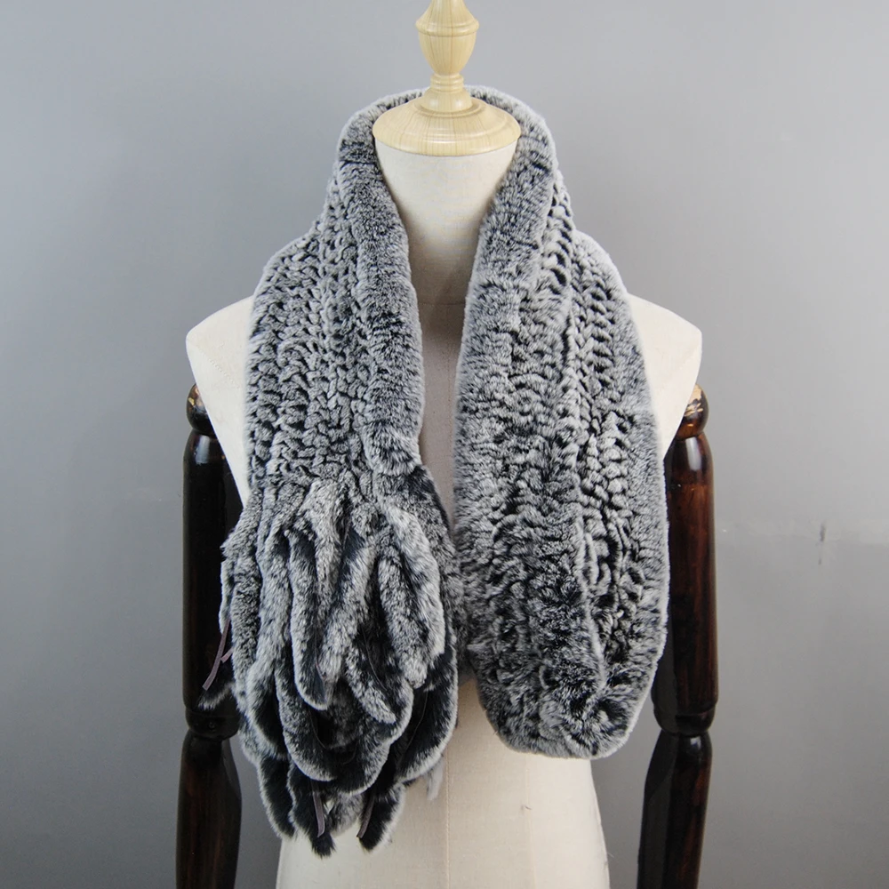 Moda Inverno Mulheres Mão De Malha Real Rex Rabbit Fur Scarf Shawl Natural Soft Rex Rabbit Fur Silenciador Lady Long Real Fur Scarves
