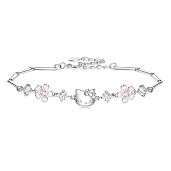 Hello Kitty Sakura Charm Bracelet para Mulheres e Meninas, bonito Kawaii Sanrio, Desenhos Animados, Adorável, Flor, Zircão, Presentes de Festa
