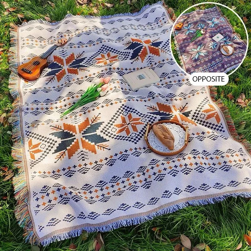 Outdoor camping carpet, Bohemian style picnic mat, travel blanket, home sofa mat, linen with tassels