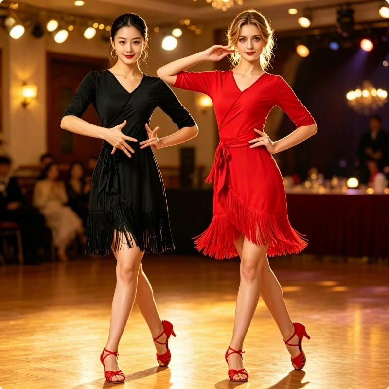 

Women Latin Dance Dress Tassel Design Adult Professional Cha Cha Samba Rumba Competition Performance Practice Dance Costume