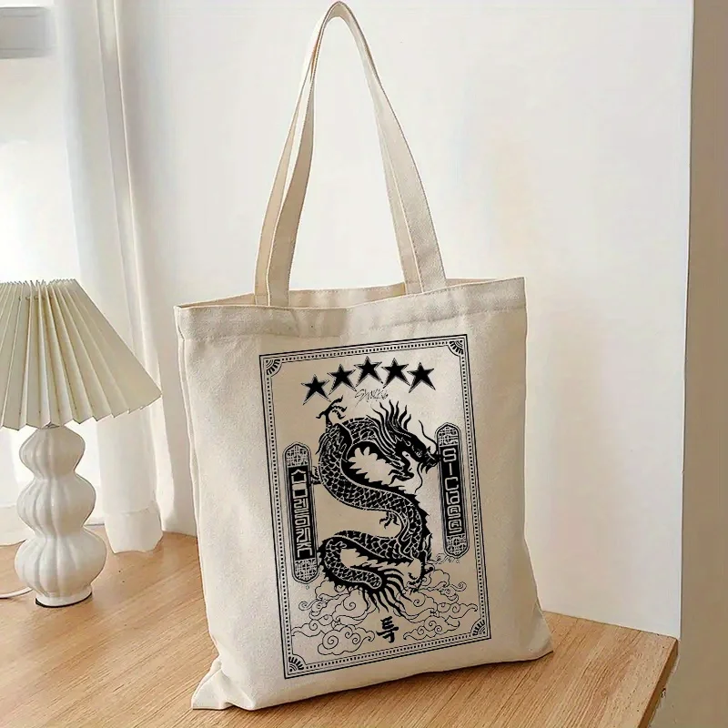 1pc Dragon Pattern Tote Bag, Vintage Casual Shoulder Bag, Canvas Luggage Bag