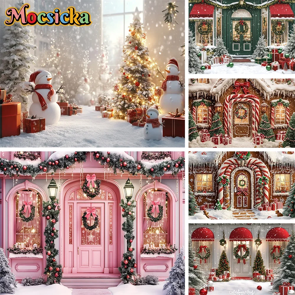 

Mocsicka Photography Background Winter Christmas Wooden Door Forest Xmas Tree Kids Family Portrait Decor Backdrop Photo Studio