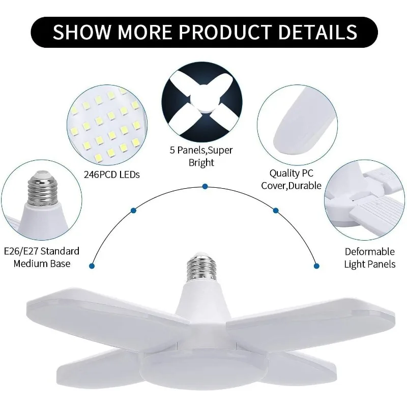 

28 Вт 60 Вт Лопасть вентилятора Светодиодная лампа E27 Лампа синхронизации Складная лампа 220 В для дома, гостиной, подвала, гаража, потолка, промышленного освещения