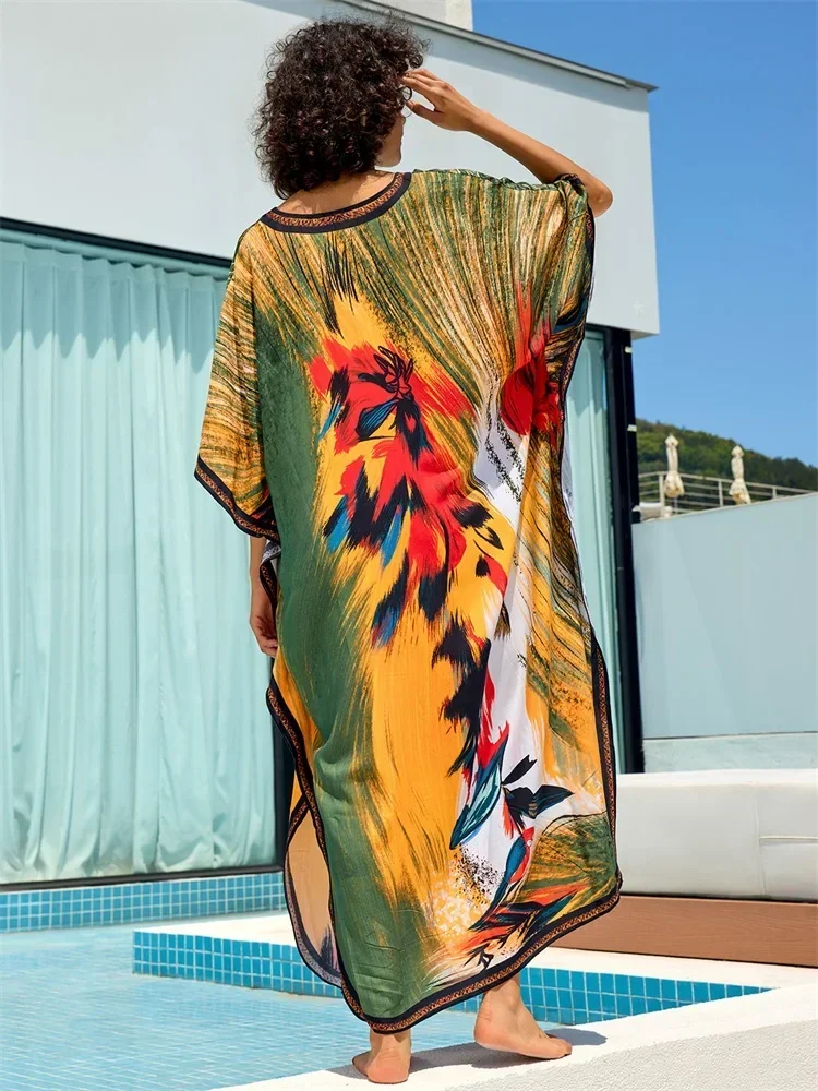 Boho Printed Plus Size caftano 2024 donna scollo a v manica a pipistrello abito allentato Summer Vacation Beach Maxi Dress costumi da bagno Cover Up Q1690