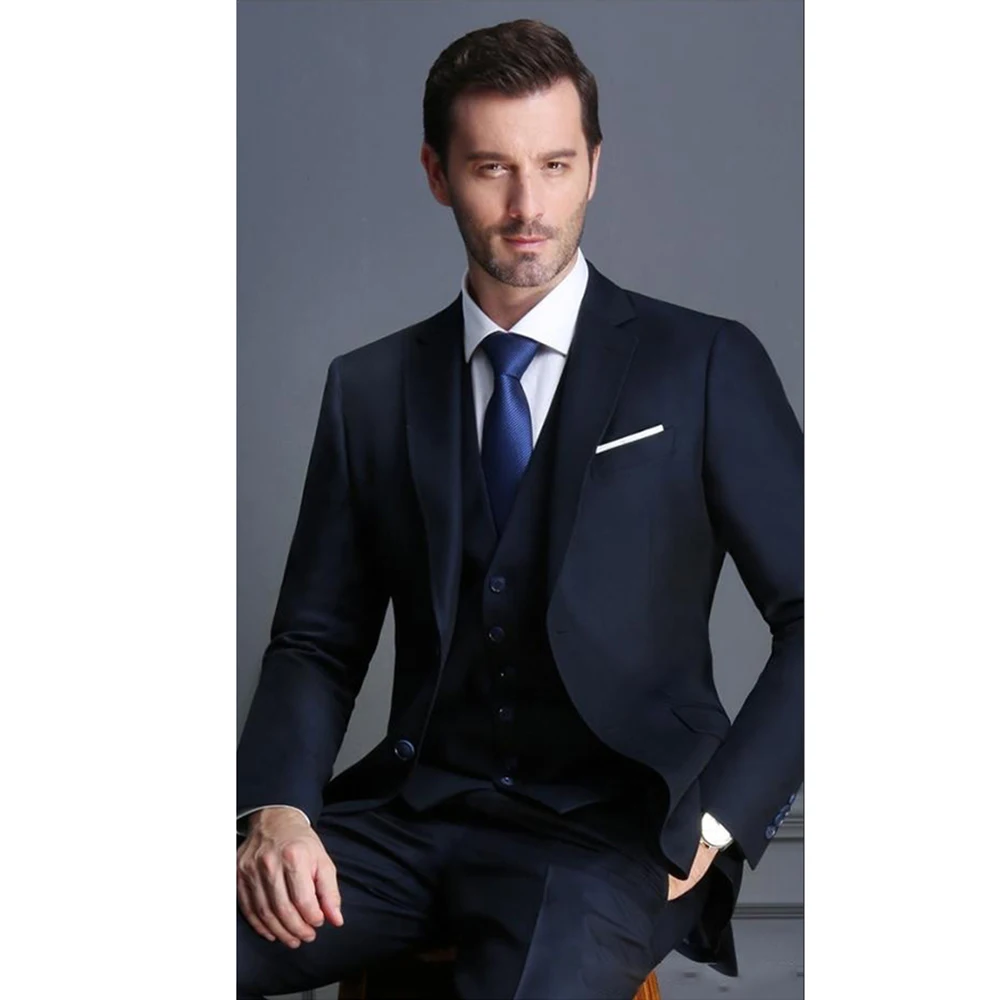 Costume Élégant Bleu Marine pour Homme, Blazer à Revers Cranté Haut de Gamme, GlaPants, Smoking Formel d'Affaires et de Mariage, 3 Pièces