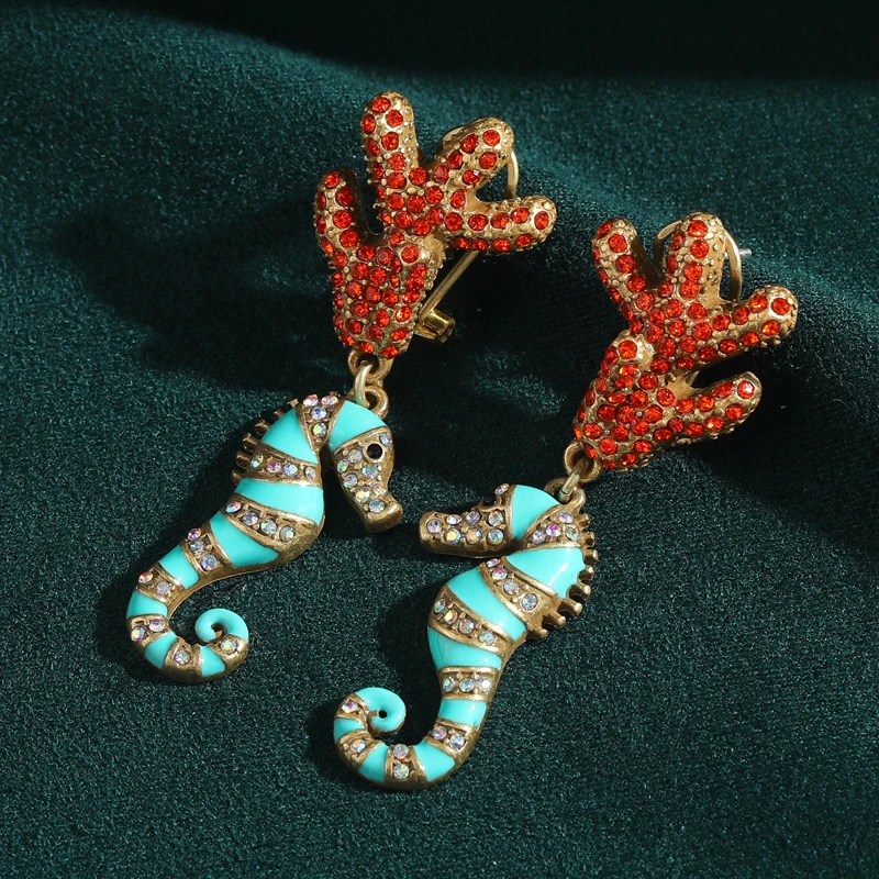 

Vintage Blue Seahorse Drop Earrings Woman Rhinestones Crystal Red Coral Enamel Animal Summer Jewelry Beach Trending 2025 New