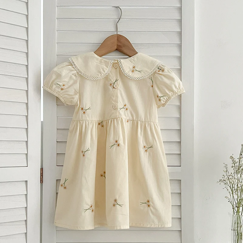 Girls Dress Casual Embroidered Floral Dress Little Girls Fashion Birthday Gift Princess Dress Kids Cotton Puffy Sleeve Clothes