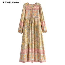 2022 Bohemia Orange Green Bandage Lacing up Collar Floral Print Dress BOHO Woman Hit Color Long Sleeve Maxi Dresses Holiday Robe