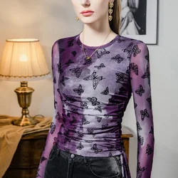 #4256 Gray Purple Mesh Long Sleeve T Shirt Women Butterfly Printed Irregular T Shirt Streetwear Hip Hop T-shirt Thin Elastic Tee