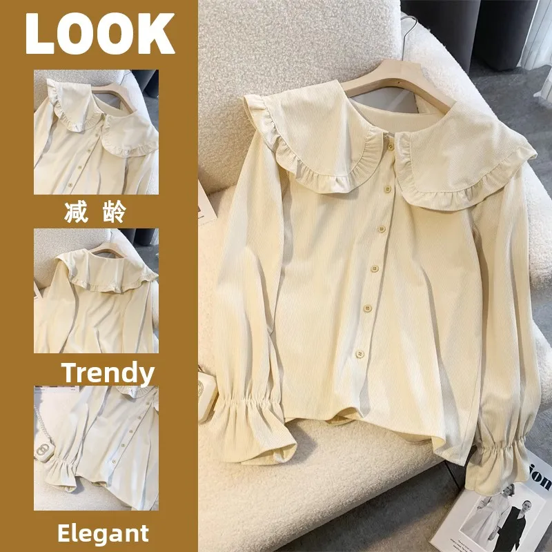 

Осенне-зимняя женская рубашка из вельвета с рюшами на воротнике, свободного кроя, однотонная, уникальный модный дизайн, корейский стиль, стройнящий эффект