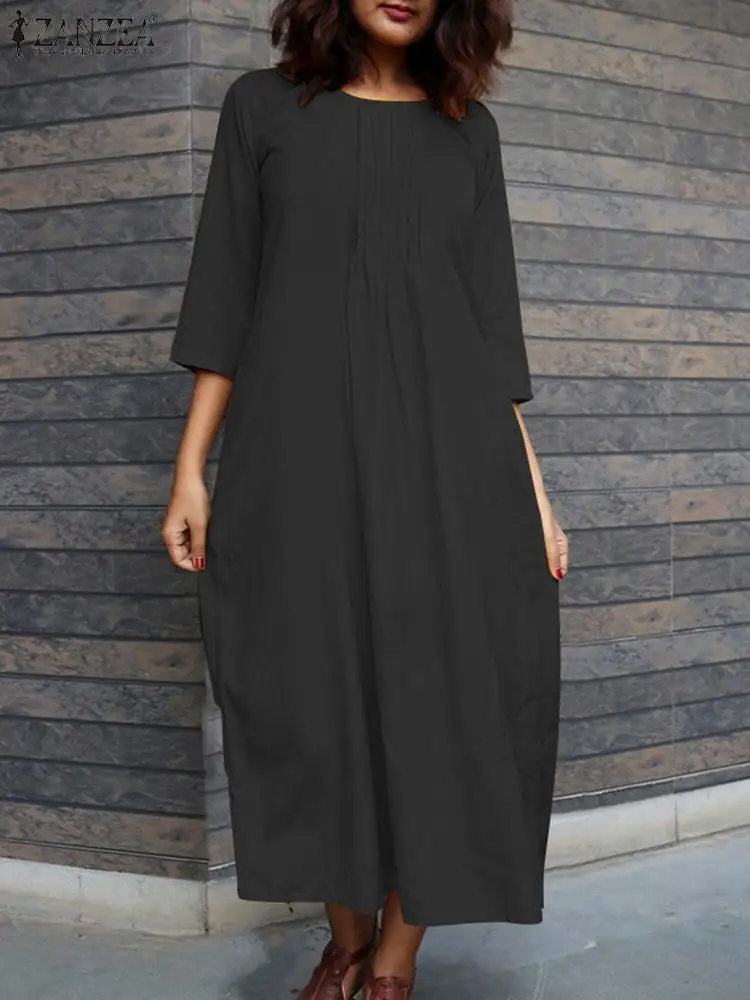 

ZANZEA Casual Women Maxi Dress 2023 Autumn Loose Long Sleeve Dresses Vintage Pleated A-line Vestidos Fashon Round Neck Long Robe