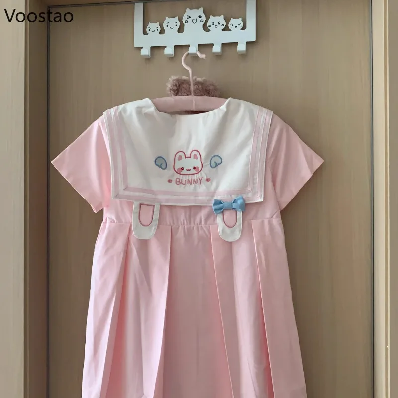 Rosa Kleid im Lolita-Stil, japanische Frauen, Kawaii-Cartoon, Hasenohren, Schleife, Matrosenkragen, Partykleider, süßes Mädchen, süßes Prinzessinnenkleid