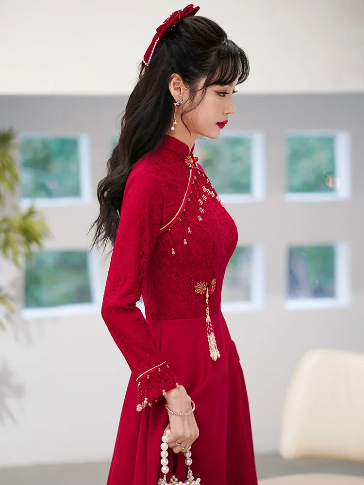 Vrouwen Traditionele Chinese Kleding Kant Cheongsams Trouwjurk China Nieuwjaar Rood Qipao Toast Bruidsjurk Plus Size Gewaad